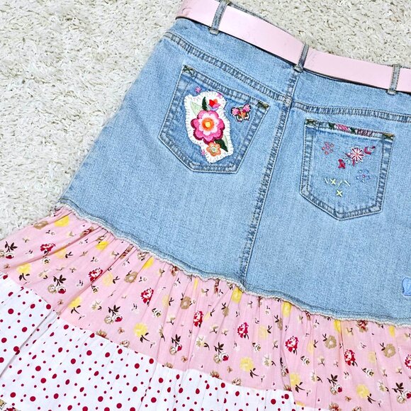 Skirt. Denim Pink Yellow Multi Tiered Floral Pattern. Upcycled Girls Size 10 GUC - Picture 13 of 16